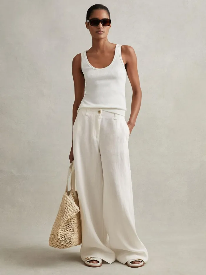 Women Reiss Pants Demi Linen Wide Leg Garment Dyed Trousers White