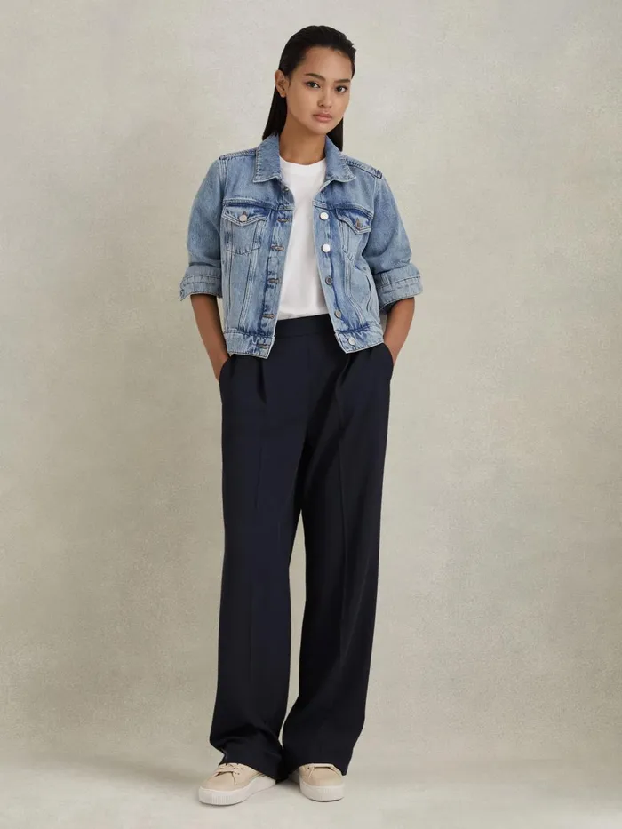 Women Reiss Pants Eden HalfElasticated Wide Leg Trousers Navy