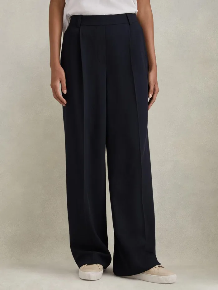 Women Reiss Pants Eden HalfElasticated Wide Leg Trousers Navy