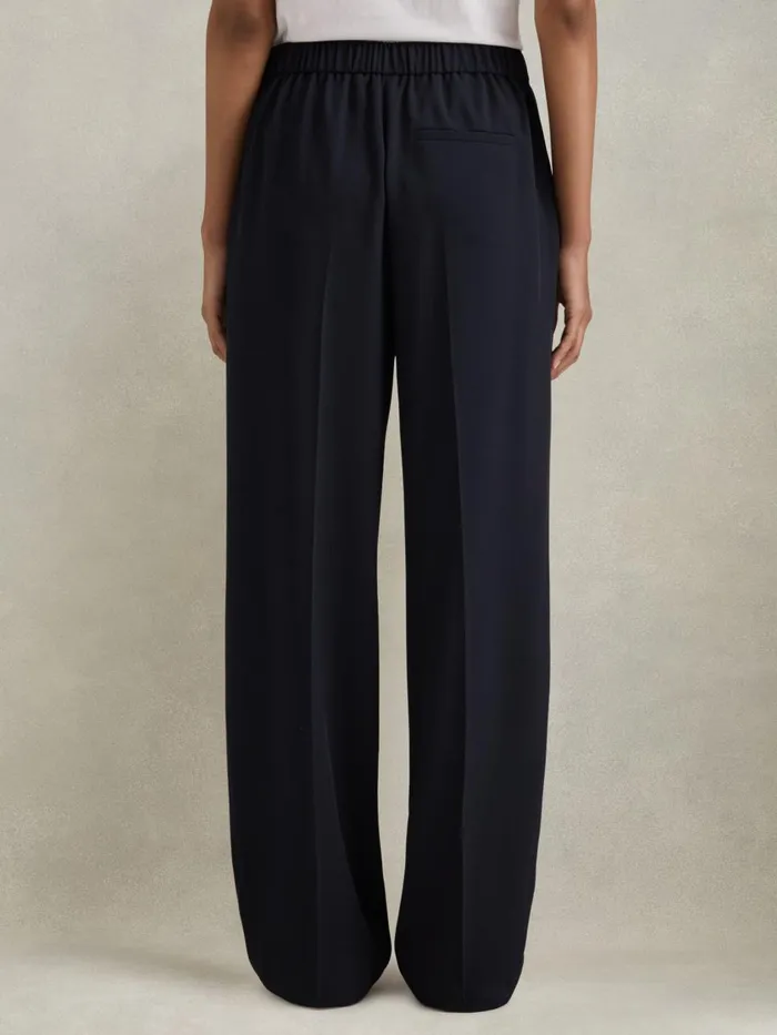 Women Reiss Pants Eden HalfElasticated Wide Leg Trousers Navy