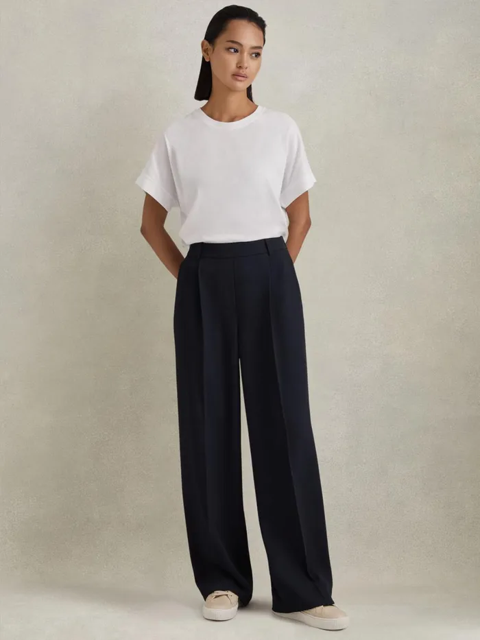 Women Reiss Pants Eden HalfElasticated Wide Leg Trousers Navy