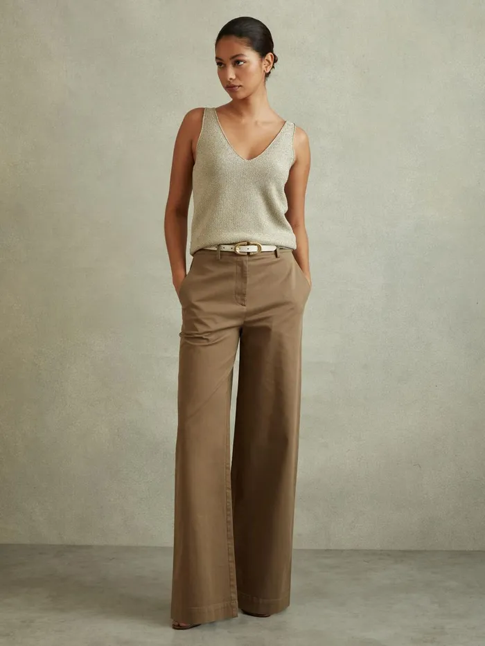 Women Reiss Pants Eva Cotton Blend Wide Leg Trousers Dark Camel