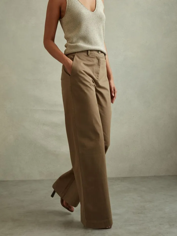 Women Reiss Pants Eva Cotton Blend Wide Leg Trousers Dark Camel
