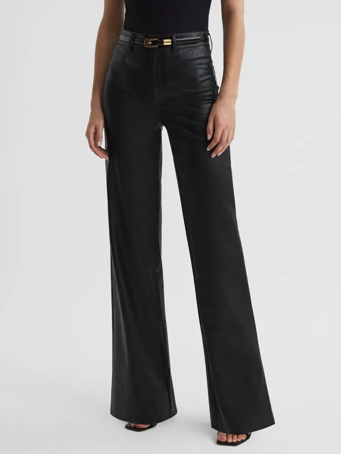 Women Reiss Pants High Rise LeatherLook Wide Leg Jeans Black