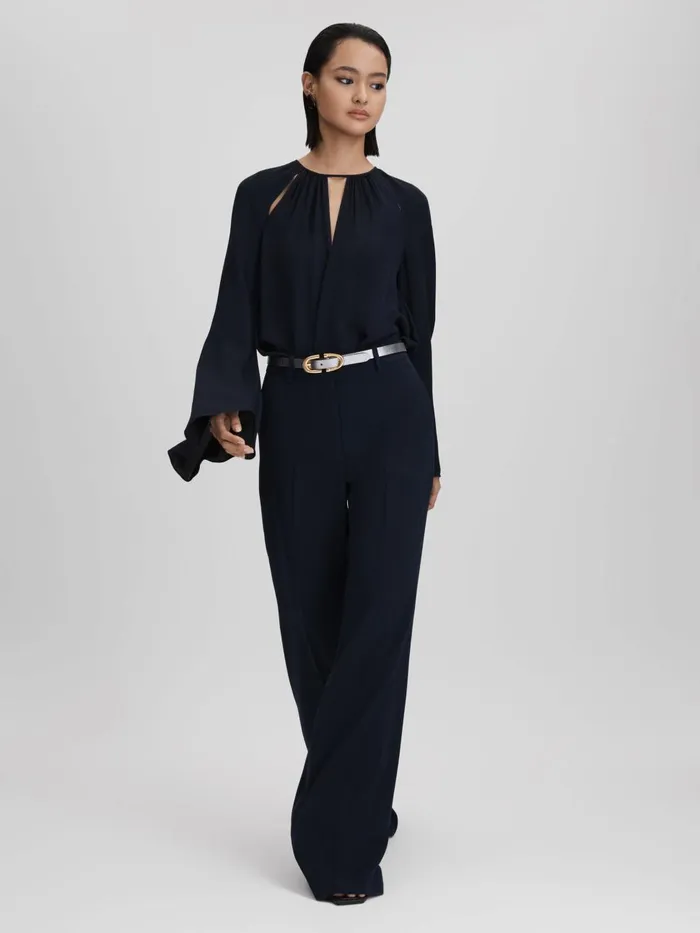 Women Reiss Pants Margeaux Wide Leg Suit Trousers Navy