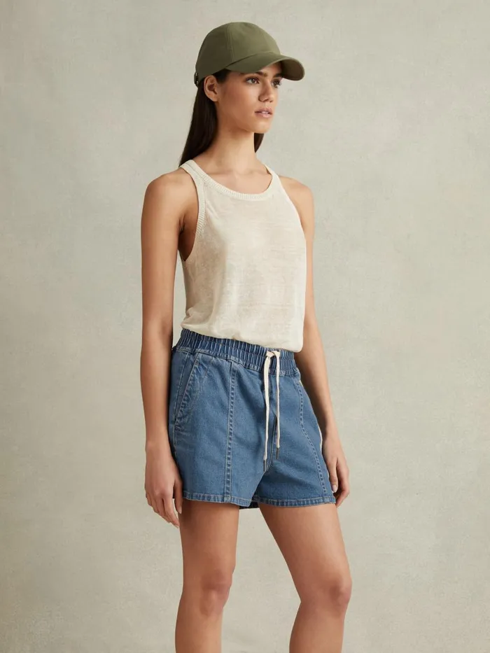 Women Reiss Shorts Isaac Lyocell Blend Denim Drawstring Shorts Mid Blue
