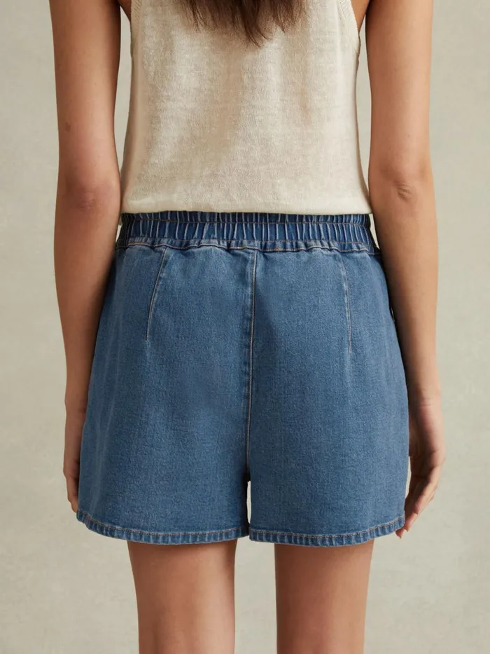 Women Reiss Shorts Isaac Lyocell Blend Denim Drawstring Shorts Mid Blue
