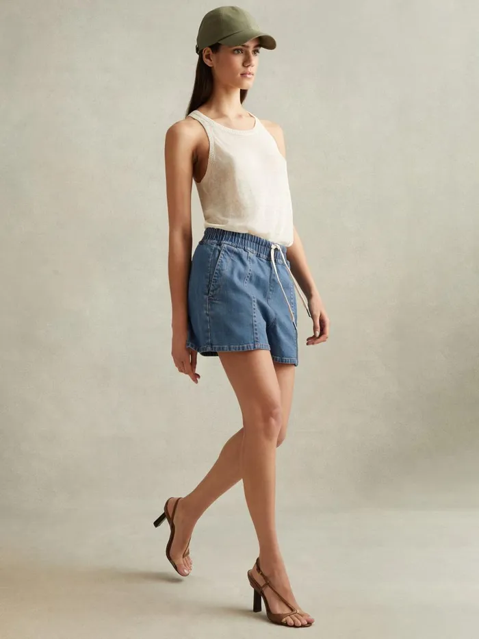 Women Reiss Shorts Isaac Lyocell Blend Denim Drawstring Shorts Mid Blue