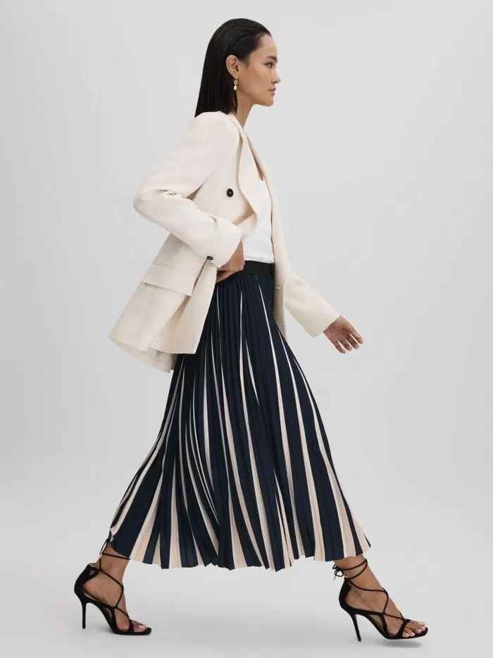 Women Reiss Skirts Saige Pleated Striped Midi Skirt Navycream