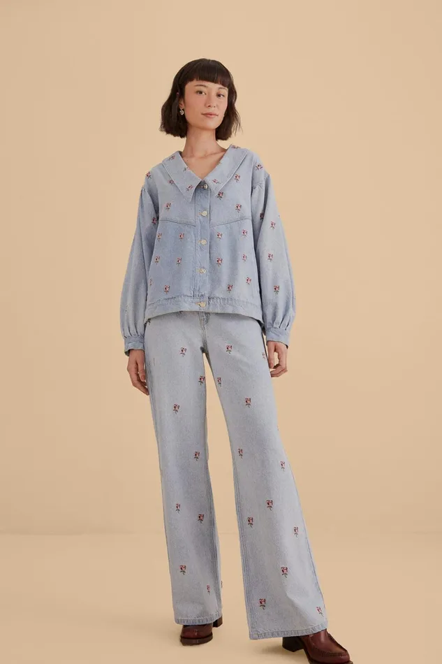 Women Rose Embroidered Denim Pants Denim FARM Rio Pants