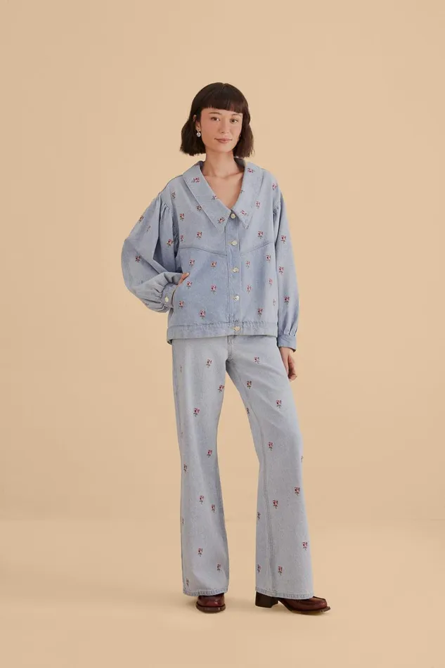 Women Rose Embroidered Denim Pants Denim FARM Rio Pants Women Rose Embroidered Denim Pants Denim FARM Rio Pants