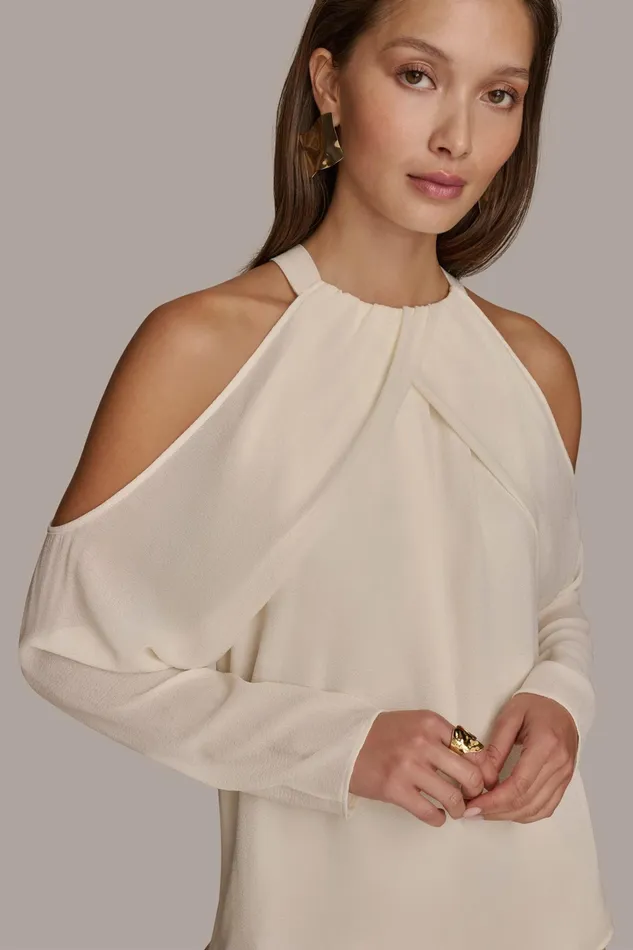 Women Sweaters And Tops Donna Karan COLD SHOULDER TOP Ivory