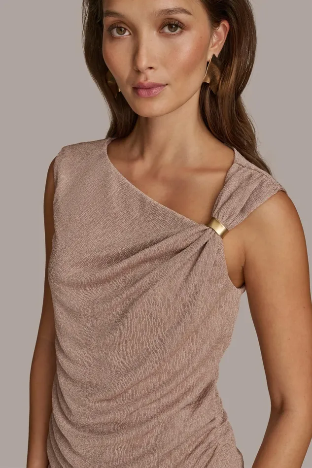Women Sweaters And Tops Donna Karan CRINKLE SHOULDER HARDWARE TOP Mink