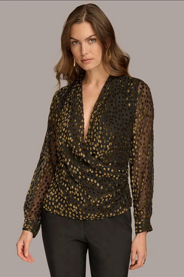 Women Sweaters And Tops Donna Karan FAUX WRAP BURNOUT Blackgold Multi