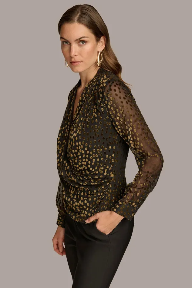 Women Sweaters And Tops Donna Karan FAUX WRAP BURNOUT Blackgold Multi