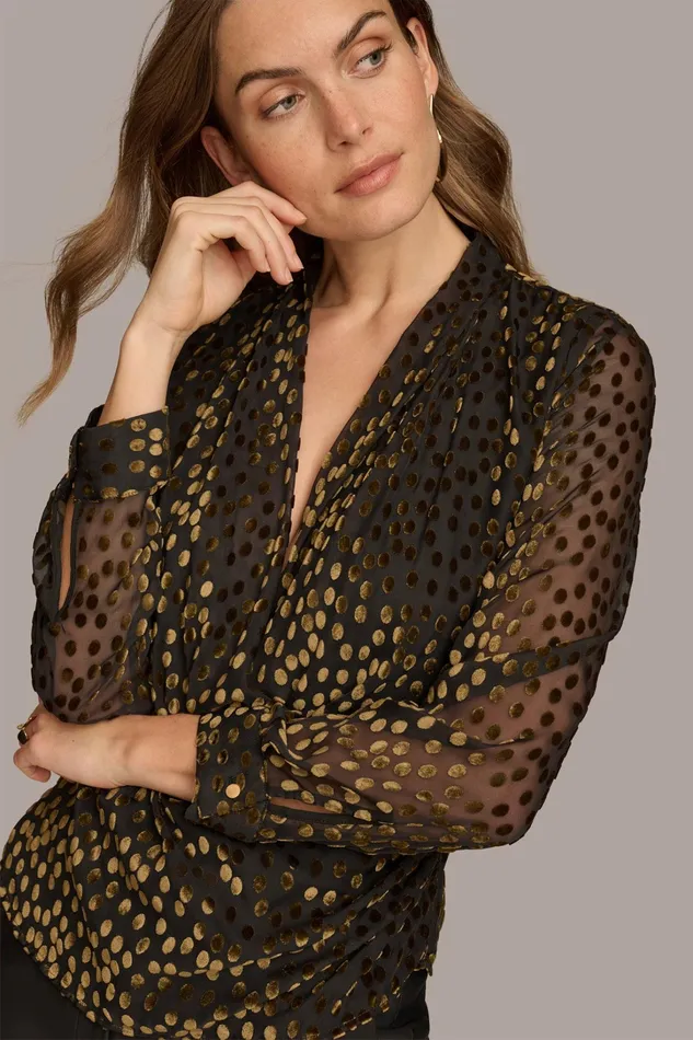 Women Sweaters And Tops Donna Karan FAUX WRAP BURNOUT Blackgold Multi