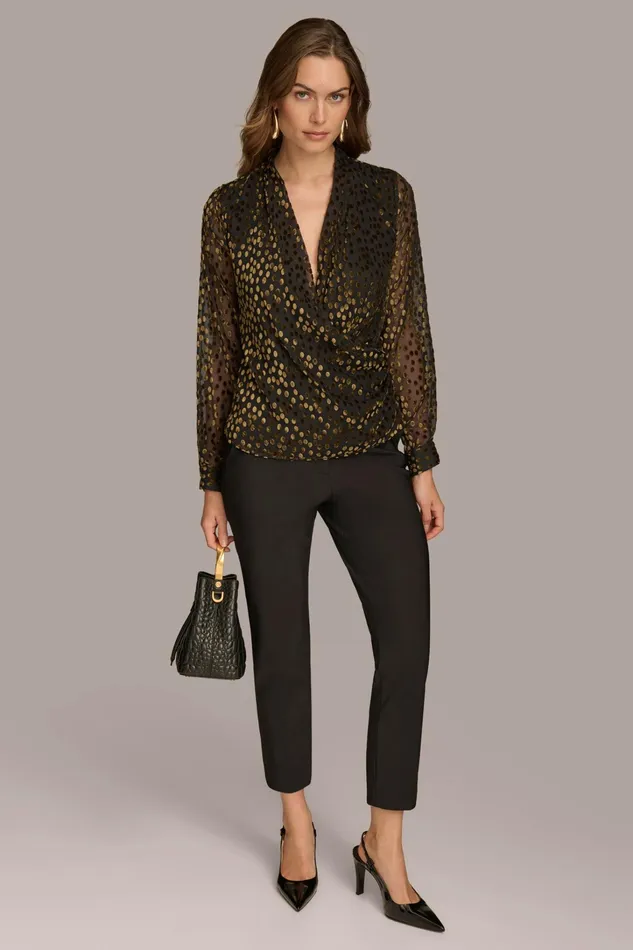 Women Sweaters And Tops Donna Karan FAUX WRAP BURNOUT Blackgold Multi