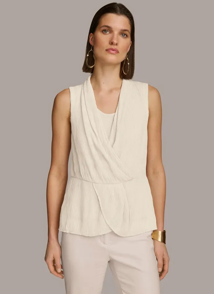 Women Sweaters And Tops Donna Karan FAUX WRAP PEPLUM TOP Cream
