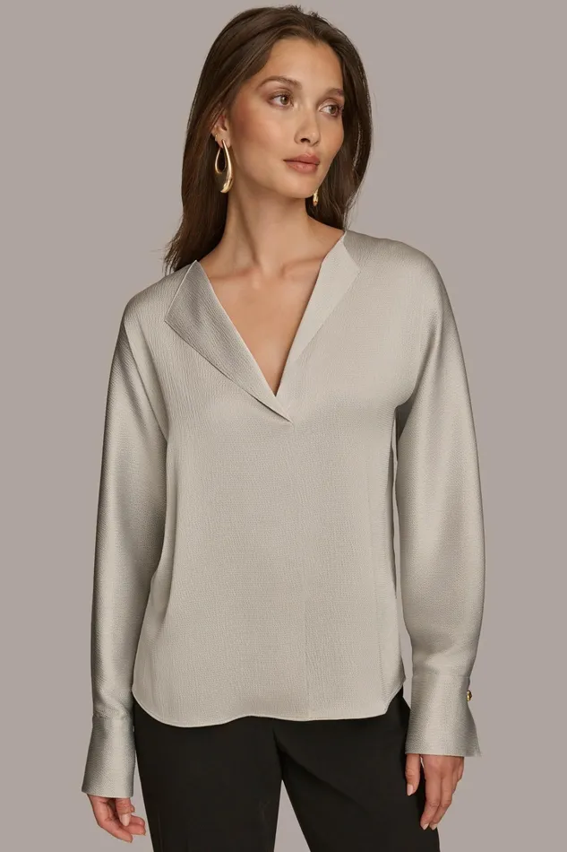 Women Sweaters And Tops Donna Karan HAMMERED SATIN LONG SLEEVE VNECK BLOUSE Pavement Women Sweaters And Tops Donna Karan HAMMERED SATIN LONG SLEEVE VNECK BLOUSE Pavement