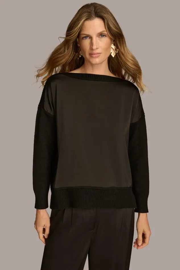 Women Sweaters And Tops Donna Karan MIXED STITCH BOATNECK SWEATER Black