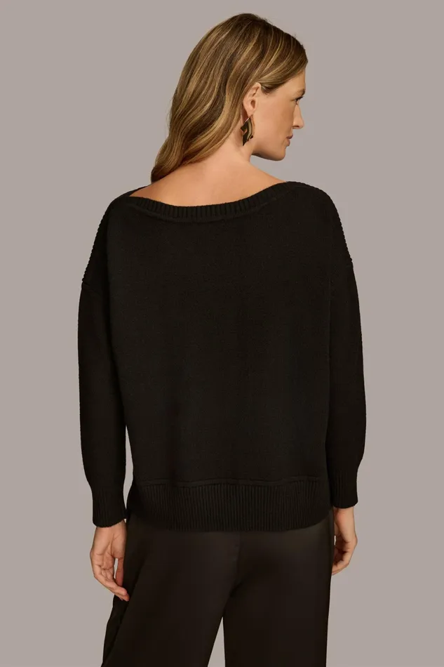 Women Sweaters And Tops Donna Karan MIXED STITCH BOATNECK SWEATER Black