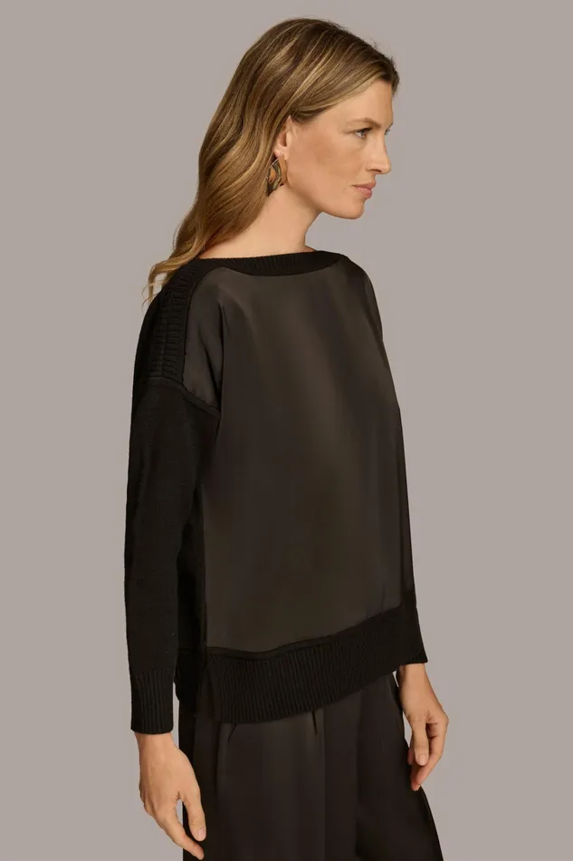 Women Sweaters And Tops Donna Karan MIXED STITCH BOATNECK SWEATER Black