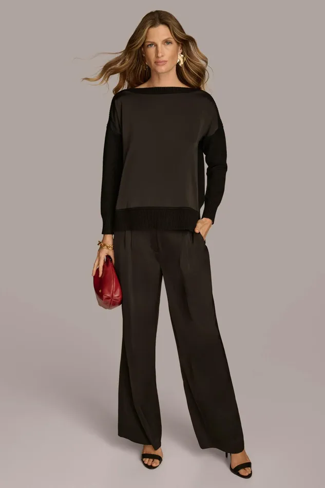 Women Sweaters And Tops Donna Karan MIXED STITCH BOATNECK SWEATER Black