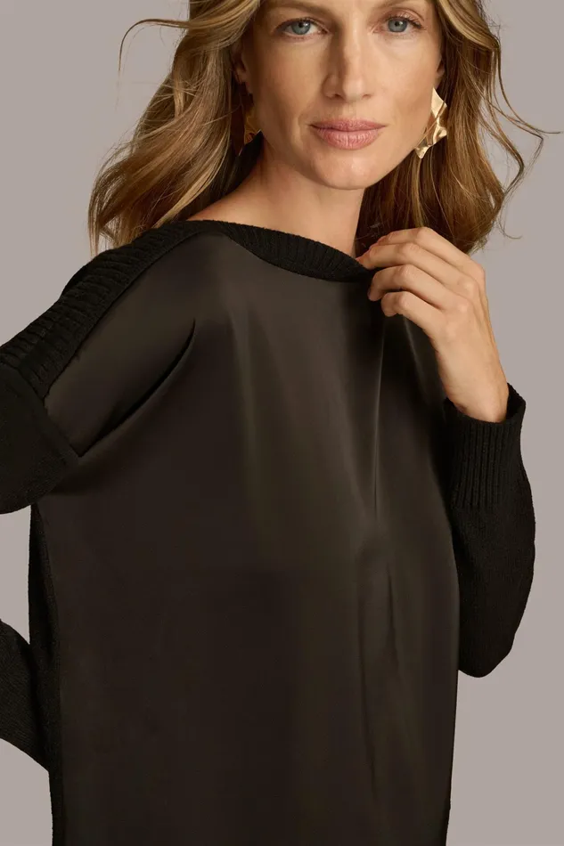 Women Sweaters And Tops Donna Karan MIXED STITCH BOATNECK SWEATER Black