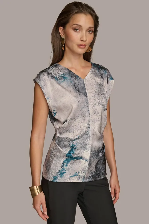 Women Sweaters And Tops Donna Karan PRINTED CAP SLEEVE WITH DARTS Peacock Blue