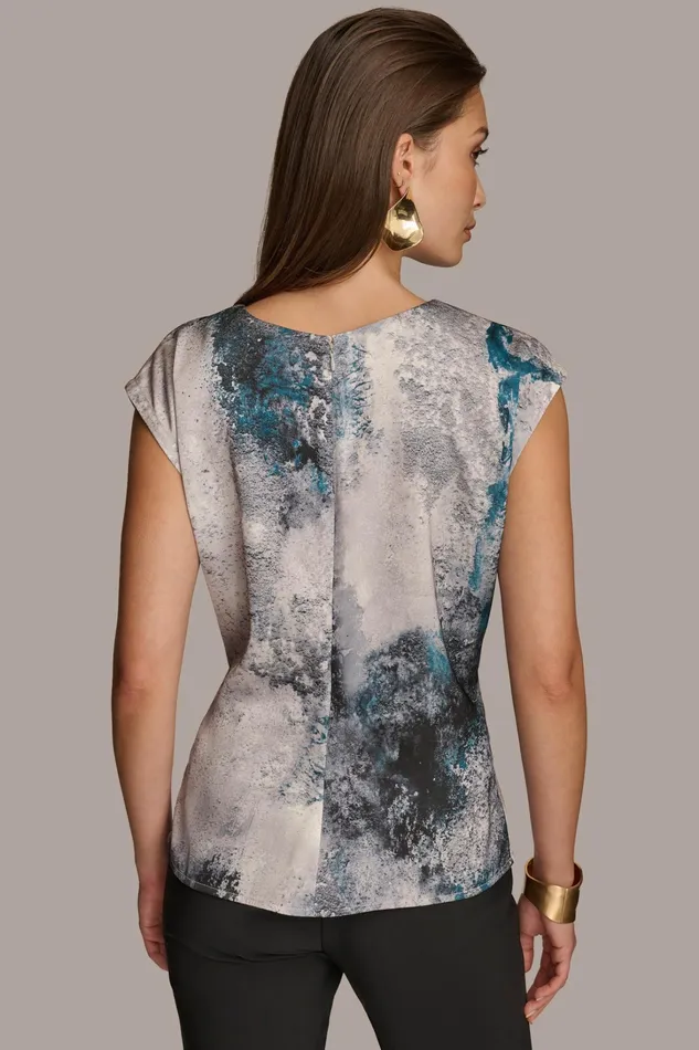 Women Sweaters And Tops Donna Karan PRINTED CAP SLEEVE WITH DARTS Peacock Blue