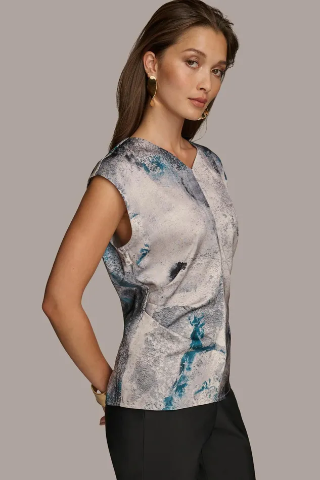 Women Sweaters And Tops Donna Karan PRINTED CAP SLEEVE WITH DARTS Peacock Blue