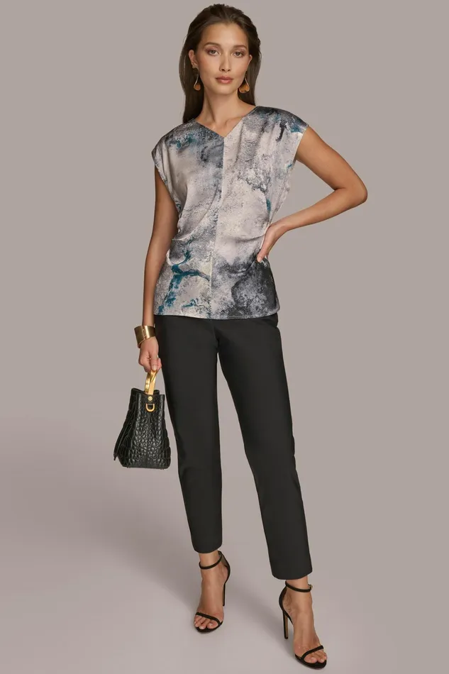 Women Sweaters And Tops Donna Karan PRINTED CAP SLEEVE WITH DARTS Peacock Blue