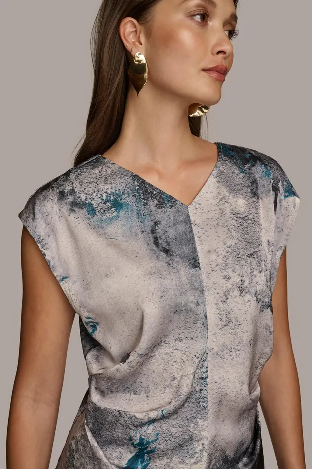 Women Sweaters And Tops Donna Karan PRINTED CAP SLEEVE WITH DARTS Peacock Blue
