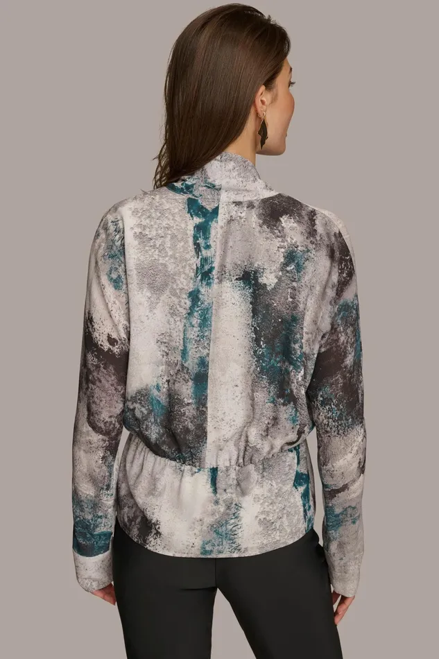 Women Sweaters And Tops Donna Karan PRINTED FAUX WRAP BLOUSE Peacock Multi