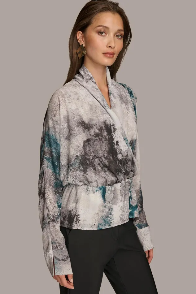 Women Sweaters And Tops Donna Karan PRINTED FAUX WRAP BLOUSE Peacock Multi