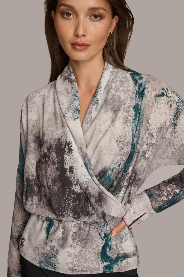 Women Sweaters And Tops Donna Karan PRINTED FAUX WRAP BLOUSE Peacock Multi
