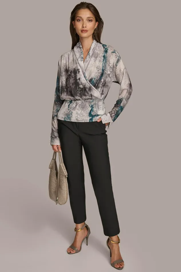 Women Sweaters And Tops Donna Karan PRINTED FAUX WRAP BLOUSE Peacock Multi