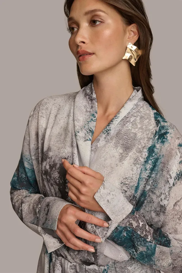 Women Sweaters And Tops Donna Karan PRINTED FAUX WRAP BLOUSE Peacock Multi