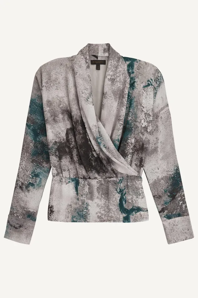 Women Sweaters And Tops Donna Karan PRINTED FAUX WRAP BLOUSE Peacock Multi