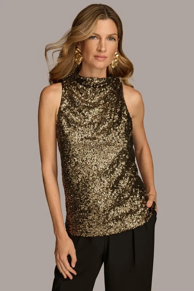 Women Sweaters And Tops Donna Karan SEQUIN COWL NECK TOP Goldblack