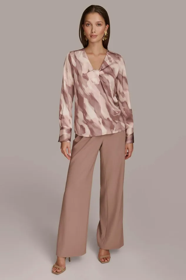 Women Sweaters And Tops Donna Karan TWIST NECK BLOUSE Mink Combo