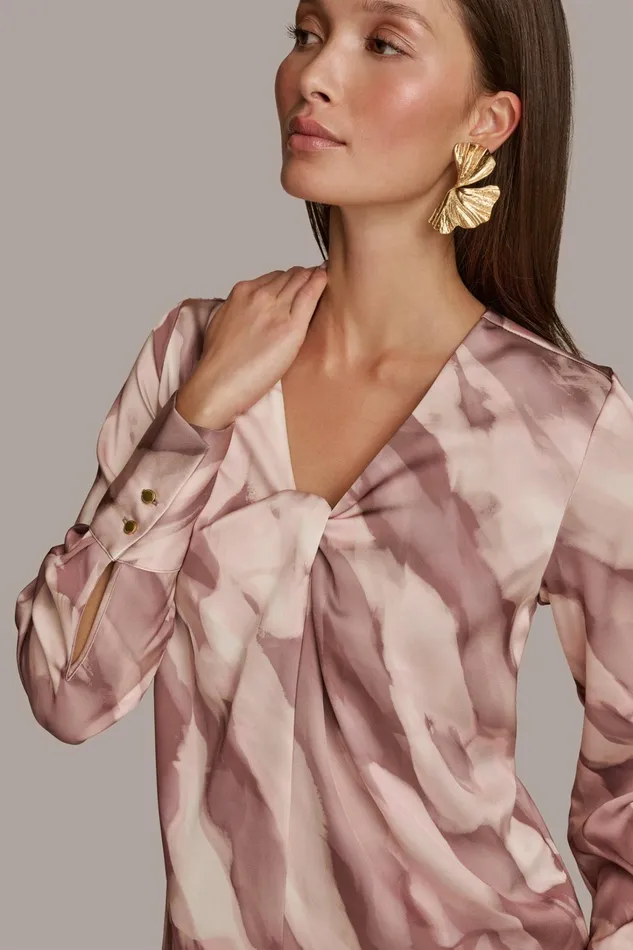Women Sweaters And Tops Donna Karan TWIST NECK BLOUSE Mink Combo