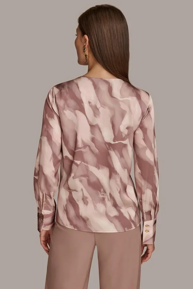 Women Sweaters And Tops Donna Karan TWIST NECK BLOUSE Mink Combo