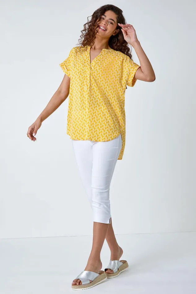 Yellow Abstract Print Woven Pleat Front VNeck Top Women Roman Tops