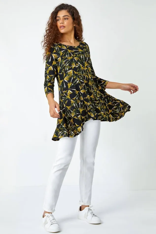 Yellow Fan Print Stretch Hanky Hem Top Women Roman Tops