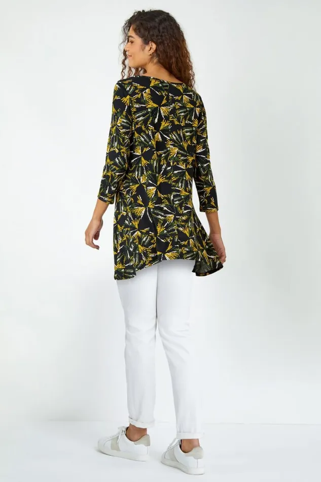 Yellow Fan Print Stretch Hanky Hem Top Women Roman Tops