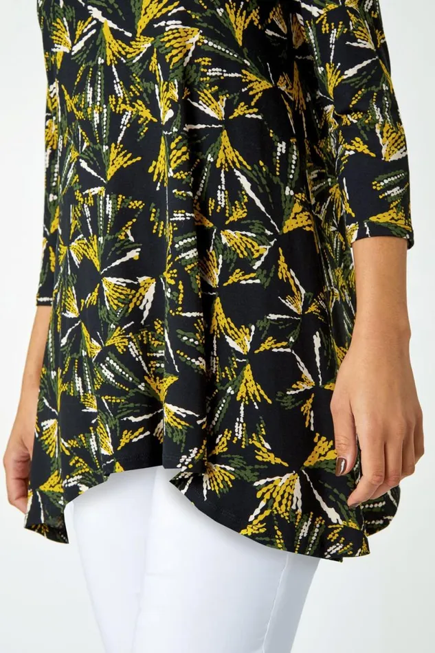 Yellow Fan Print Stretch Hanky Hem Top Women Roman Tops