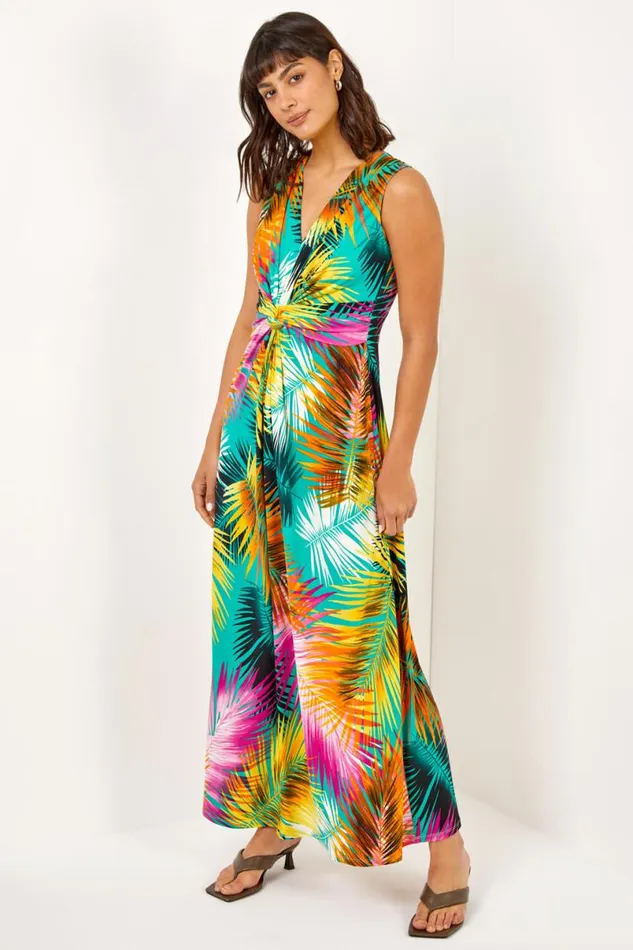 Yellow Floral Jersey Stretch Twist Ruched Maxi Dress Women Roman Dresses