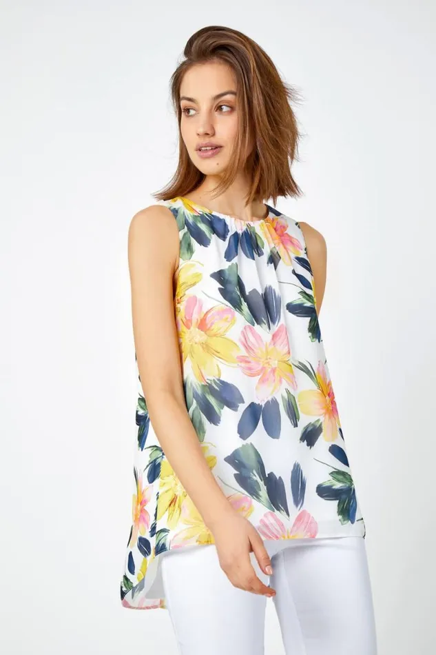 Yellow Sleeveless Floral Print Chiffon Top Women Roman Tops